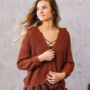 Purple Snow Rust Frayed Hem Hooded Full Zip Cardigan Sweater